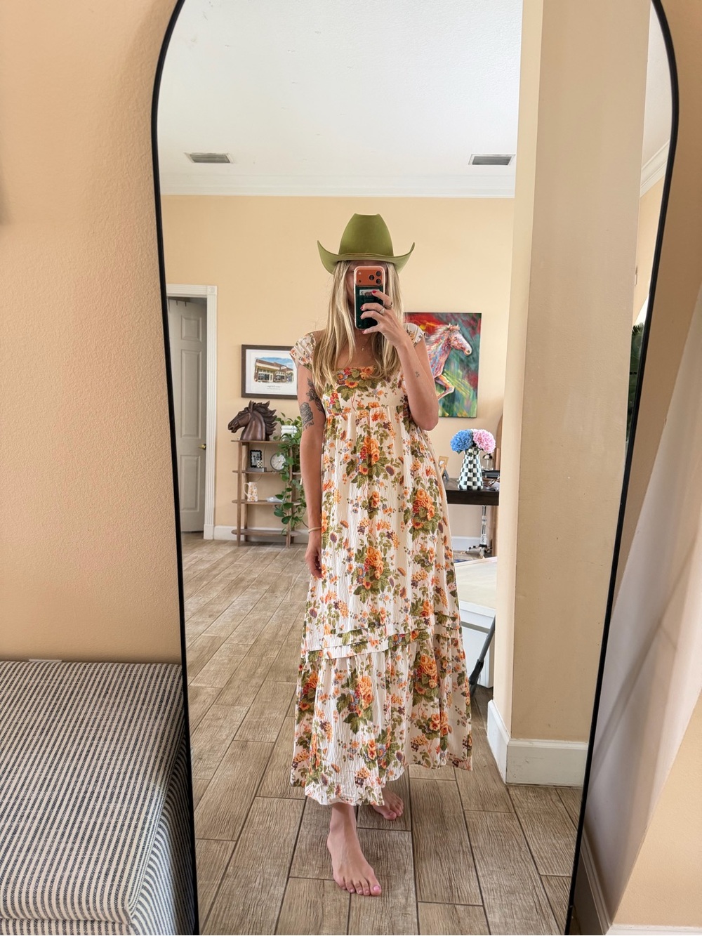 Anthropologie Cream Maxi Dress with Orange & Green Floral